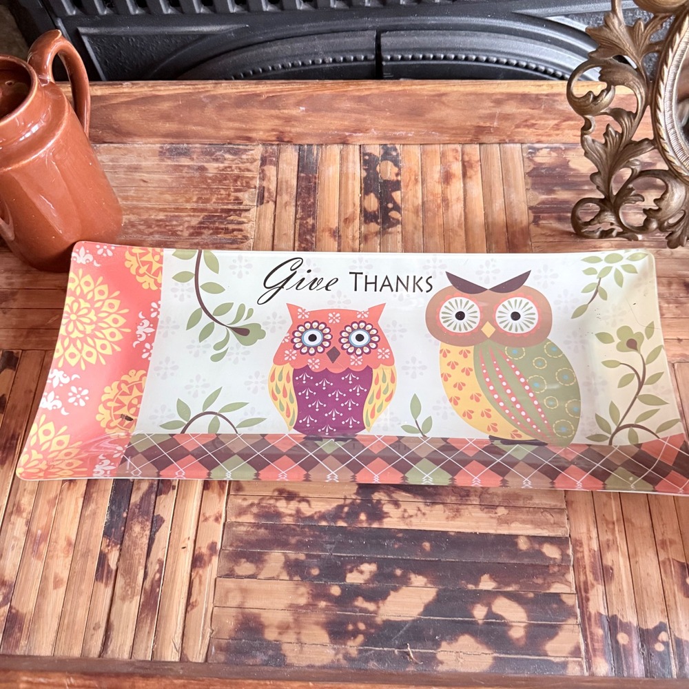 Hobby Lobby "Give Thanks" Owl Glass Tray - 14.5"‎ x 6" Autumn Fall Decor Platter
